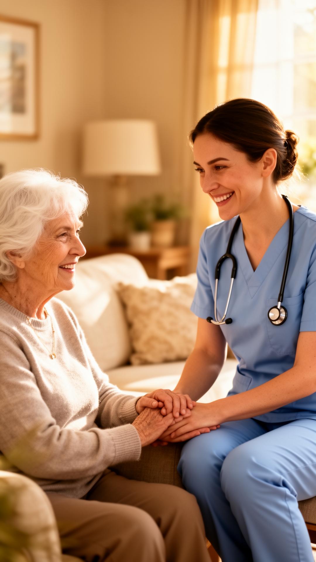 Home health nurse holding the hand of a senior patient at home